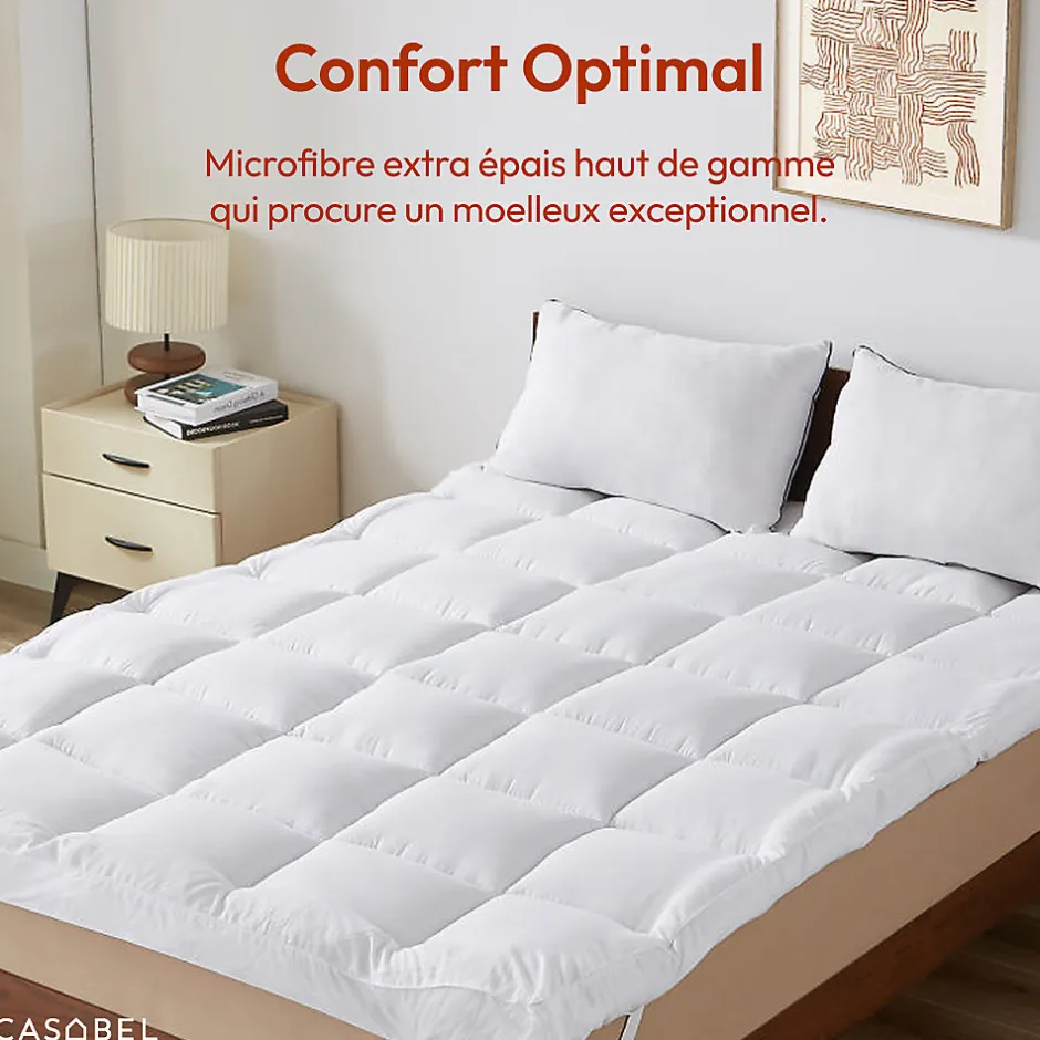 Casabel Surmatelas Moelleux 140x190 cm Extra Epais Microfibre Respirante Antiderapant 4 Bandes Elastiques Anti Acariens