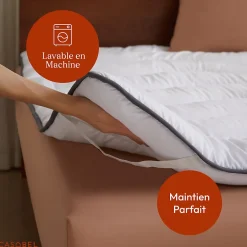 Casabel Surmatelas 150x200 cm en Microfibre Rerspirante, Ultra Moelleux, Anti-Acariens, Liseré Gris, Idéal Matelas 2 places New
