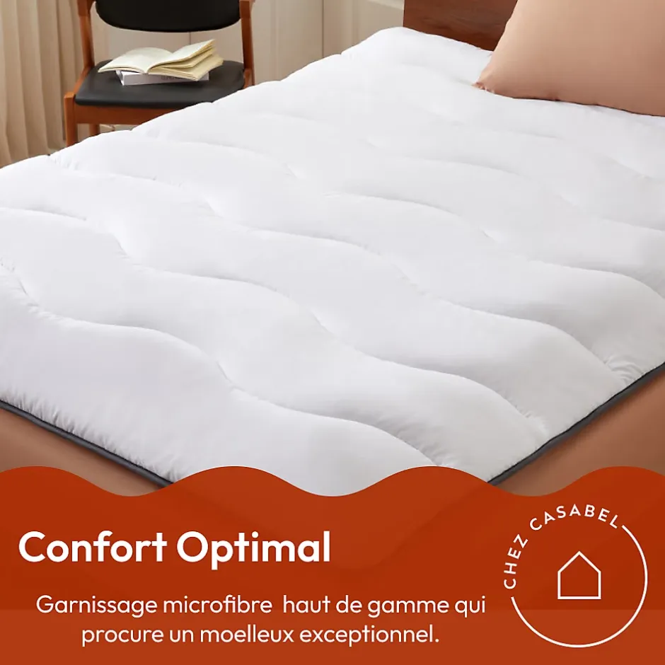 Casabel Surmatelas 150x200 cm en Microfibre Rerspirante, Ultra Moelleux, Anti-Acariens, Liseré Gris, Idéal Matelas 2 places New