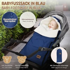 Joyz Chancelière pour poussette bébé 94x48x10 cm bleu en polyester imperméable lavable à 40 grades