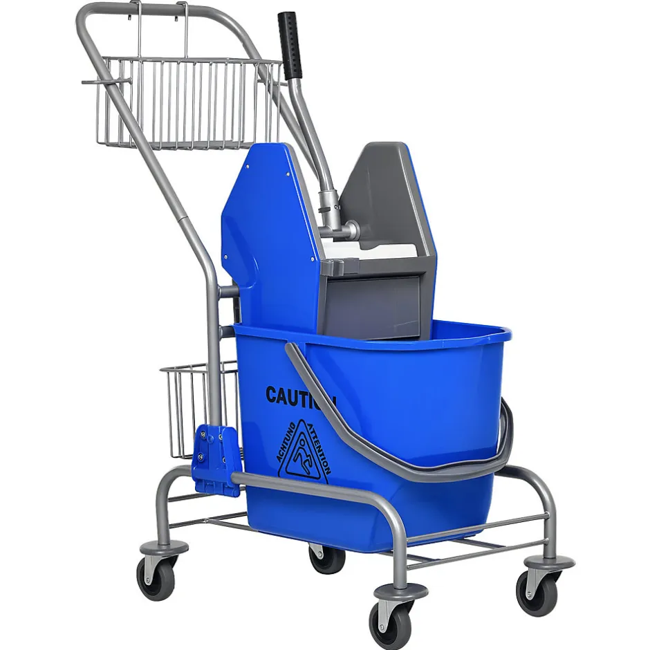 Homcom Chariot de lavage chariot de nettoyage professionnel en acier presse à mâchoire seau + rangements bleu