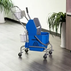 Homcom Chariot de lavage chariot de nettoyage professionnel en acier presse à mâchoire seau + rangements bleu