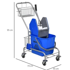 Homcom Chariot de lavage chariot de nettoyage professionnel en acier presse à mâchoire seau + rangements bleu