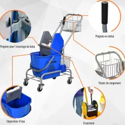 Homcom Chariot de lavage chariot de nettoyage professionnel en acier presse à mâchoire seau + rangements bleu