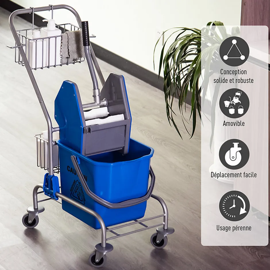 Homcom Chariot de lavage chariot de nettoyage professionnel en acier presse à mâchoire seau + rangements bleu