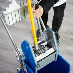 Homcom Chariot de lavage chariot de nettoyage professionnel en acier presse à mâchoire seau + rangements bleu