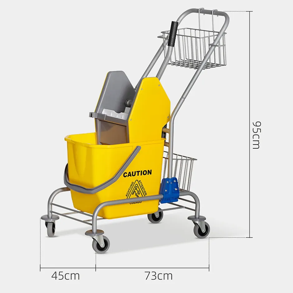 Homcom Chariot de lavage chariot de nettoyage professionnel en acier presse à mâchoire seau + rangements jaune