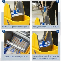 Homcom Chariot de lavage chariot de nettoyage professionnel en acier presse à mâchoire seau + rangements jaune
