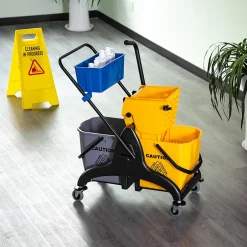 Homcom Chariot de lavage chariot de nettoyage professionnel presse à mâchoire 2 seaux + rangement jaune bleu New