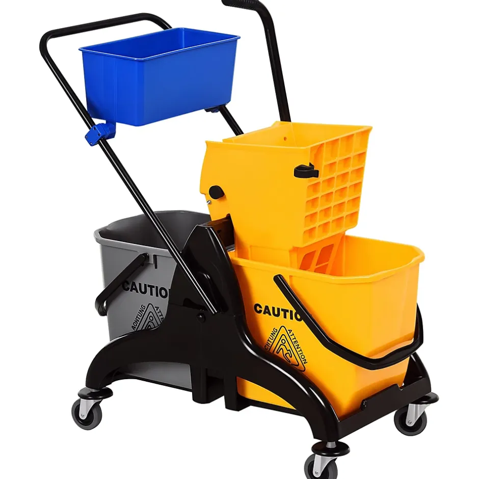 Homcom Chariot de lavage chariot de nettoyage professionnel presse à mâchoire 2 seaux + rangement jaune bleu New
