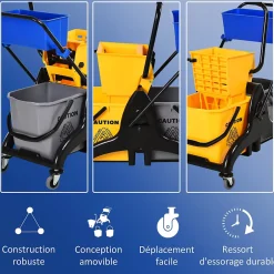 Homcom Chariot de lavage chariot de nettoyage professionnel presse à mâchoire 2 seaux + rangement jaune bleu New