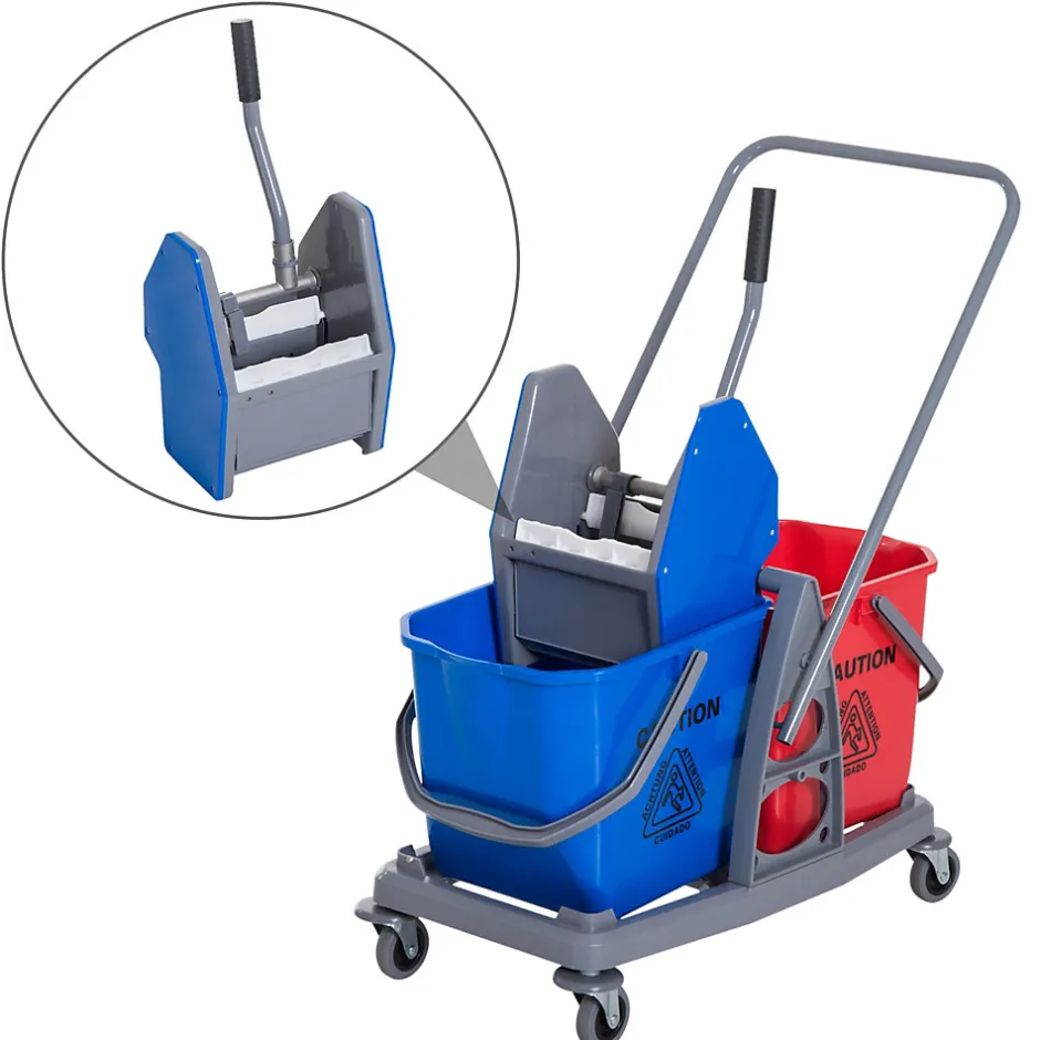 Homcom Chariot de lavage chariot de nettoyage professionnel presse à mâchoire 2 seaux 25 L 73L x 45l x 92H cm plastique gris bleu rouge