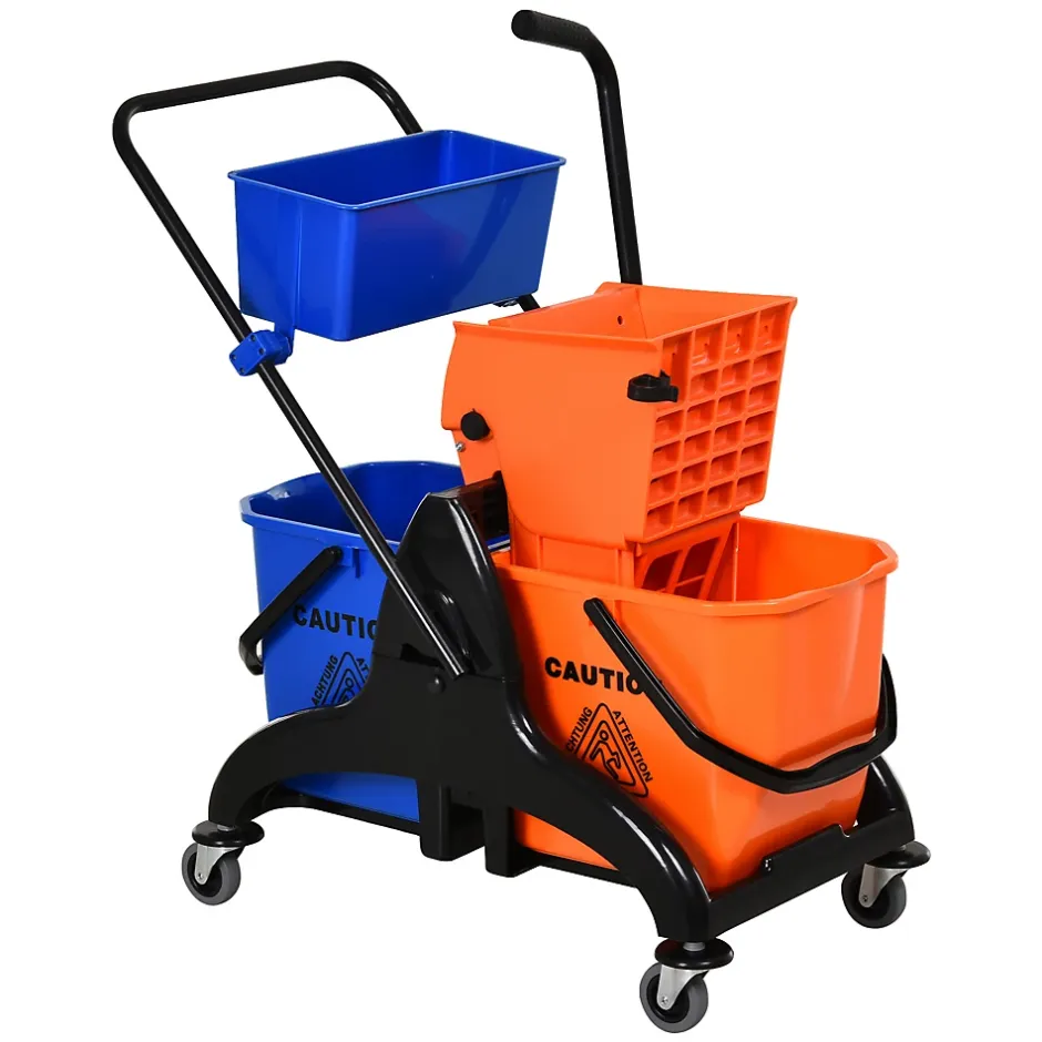 Homcom Chariot de lavage chariot de nettoyage professionnel presse à mâchoire 2 seaux + rangement orange bleu New