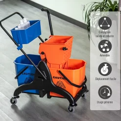 Homcom Chariot de lavage chariot de nettoyage professionnel presse à mâchoire 2 seaux + rangement orange bleu New