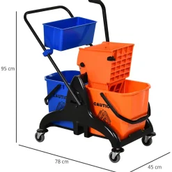 Homcom Chariot de lavage chariot de nettoyage professionnel presse à mâchoire 2 seaux + rangement orange bleu New