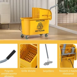 Homcom Chariot de ménage chariot de lavage nettoyage professionnel essoreuse latérale seau 20L poignée et serpillère jaune New