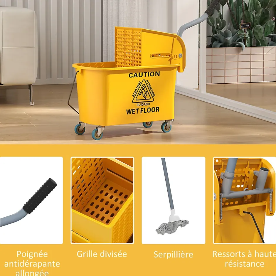 Homcom Chariot de ménage chariot de lavage nettoyage professionnel essoreuse latérale seau 20L poignée et serpillère jaune New