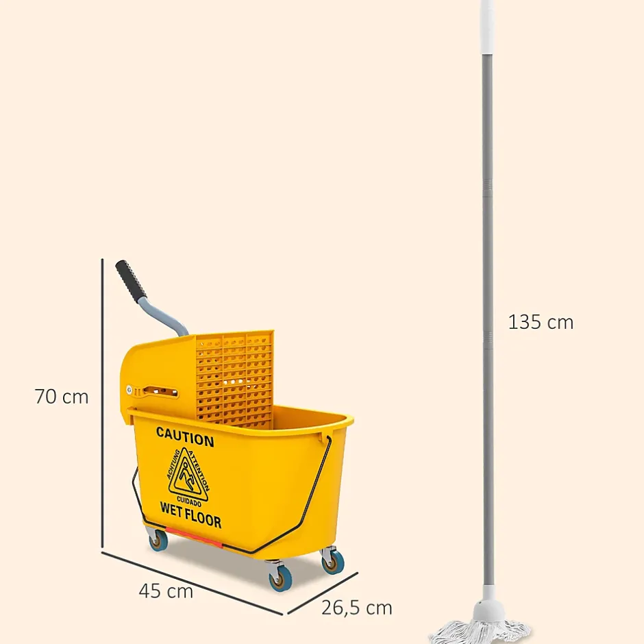 Homcom Chariot de ménage chariot de lavage nettoyage professionnel essoreuse latérale seau 20L poignée et serpillère jaune New