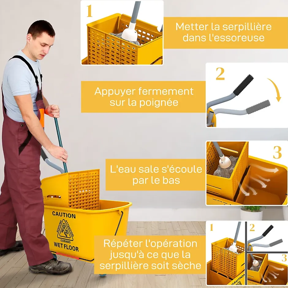 Homcom Chariot de ménage chariot de lavage nettoyage professionnel essoreuse latérale seau 20L poignée et serpillère jaune New