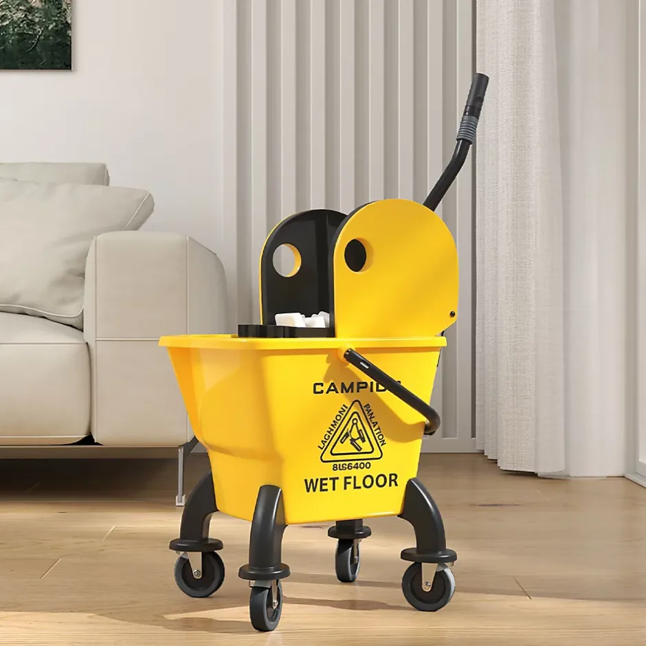 Homcom Chariot de ménage chariot de lavage chariot de nettoyage avec essoreuse à pression seau 26L et serpillère jaune Hot