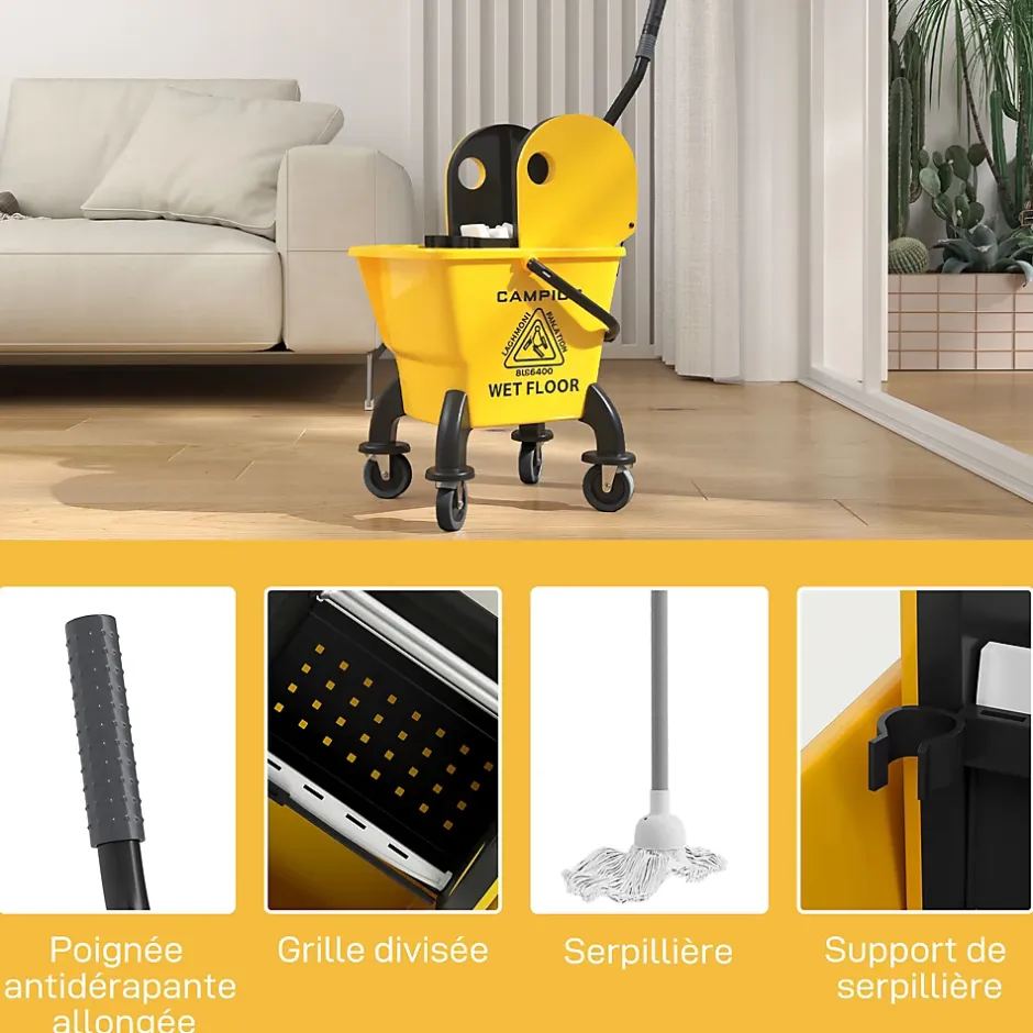 Homcom Chariot de ménage chariot de lavage chariot de nettoyage avec essoreuse à pression seau 26L et serpillère jaune Hot