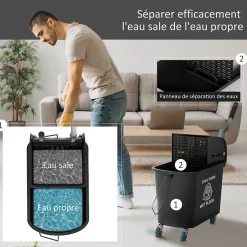 Homcom Chariot de nettoyage lavage seau de ménage 20 L avec essoreur et séparateur eau sale propre noir Outlet