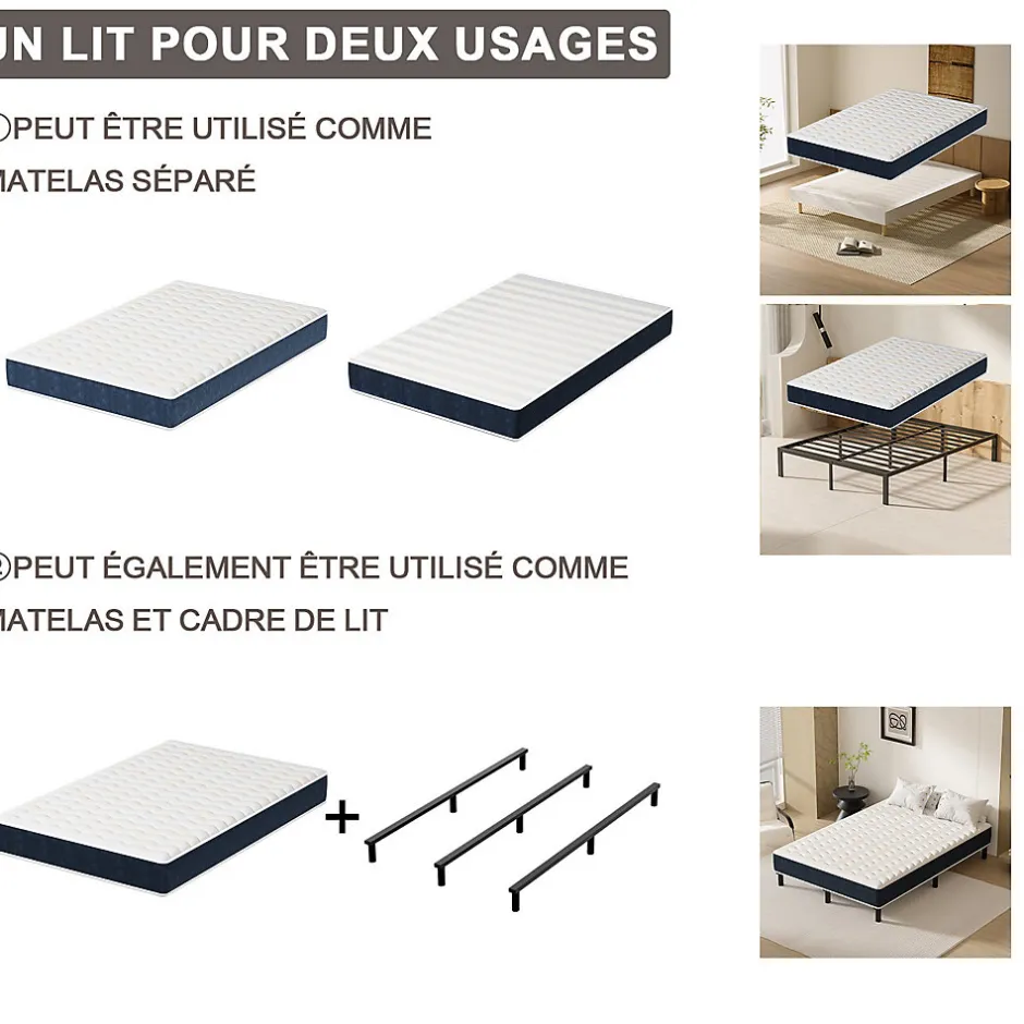 Teeno Combinaison lit matelas 120x190 cm, Matelas a mousse+ Cadre de Lit en Fer, Comprenant 9 pieds, Epaisseur du matelas 15 cm