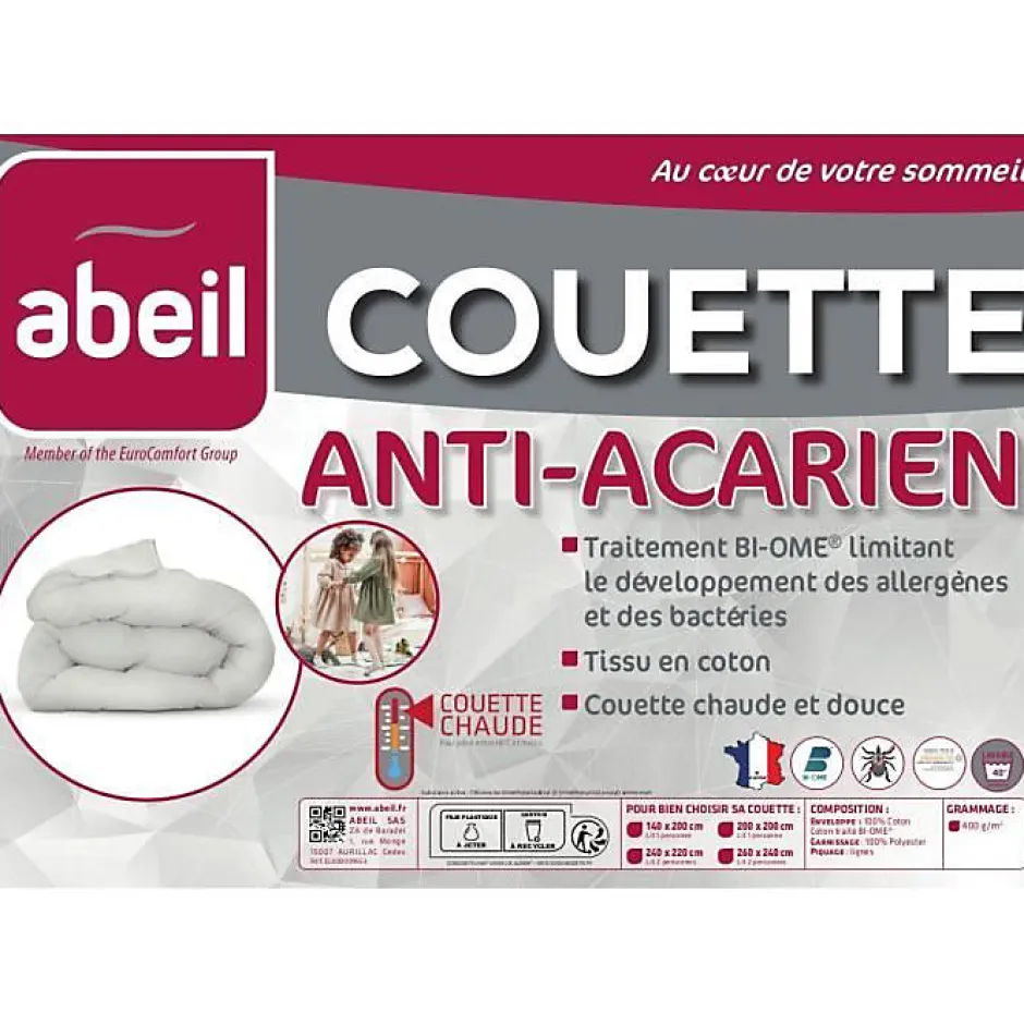 Abeil Couette anti-acariens - 220 x 240 cm - Chaude - 400 g/m² 2 personnes - Blanc -
