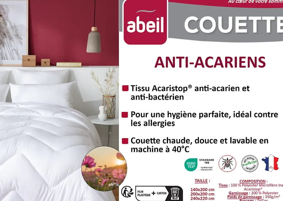 Abeil Couette anti-acariens chaude 220 x 240 cm polyester blanc Discount