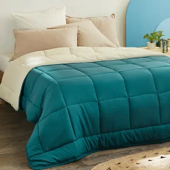 Linnea Couette hiver 260x240 cm COCOON BICOLORE Bleu paon/Galet garnissage fibre polyester 400g/m2