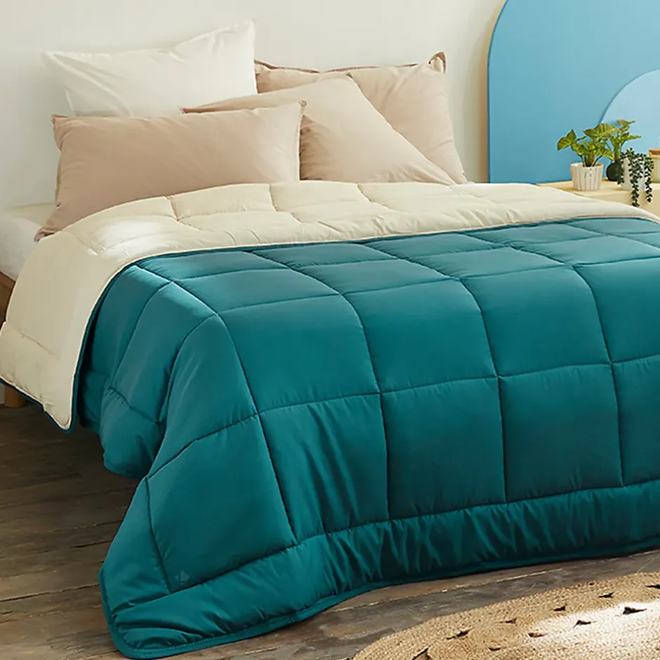 Linnea Couette hiver 240x220 cm COCOON BICOLORE Bleu paon/Galet garnissage fibre polyester 400g/m2 Hot