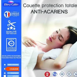 Bleu Calin Couette protection totale anti acariens 400 gr/m² 220 x 240 cm pour lit 2 places 140 x 190 cm à 160 x 200 cm