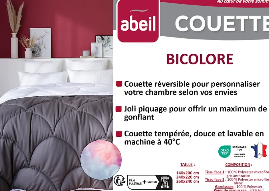 Abeil Couette tempérée 140 x 200 cm bicolore polyester gris et blanc Online