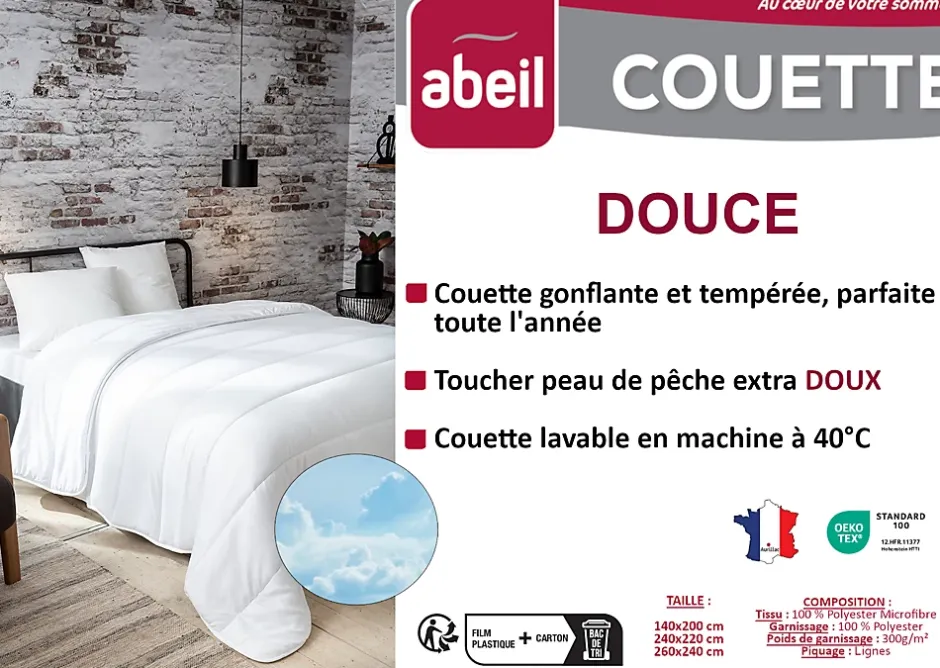 Abeil Couette tempérée 240 x 260 cm polyester microfibre blanc 300g/m² Outlet