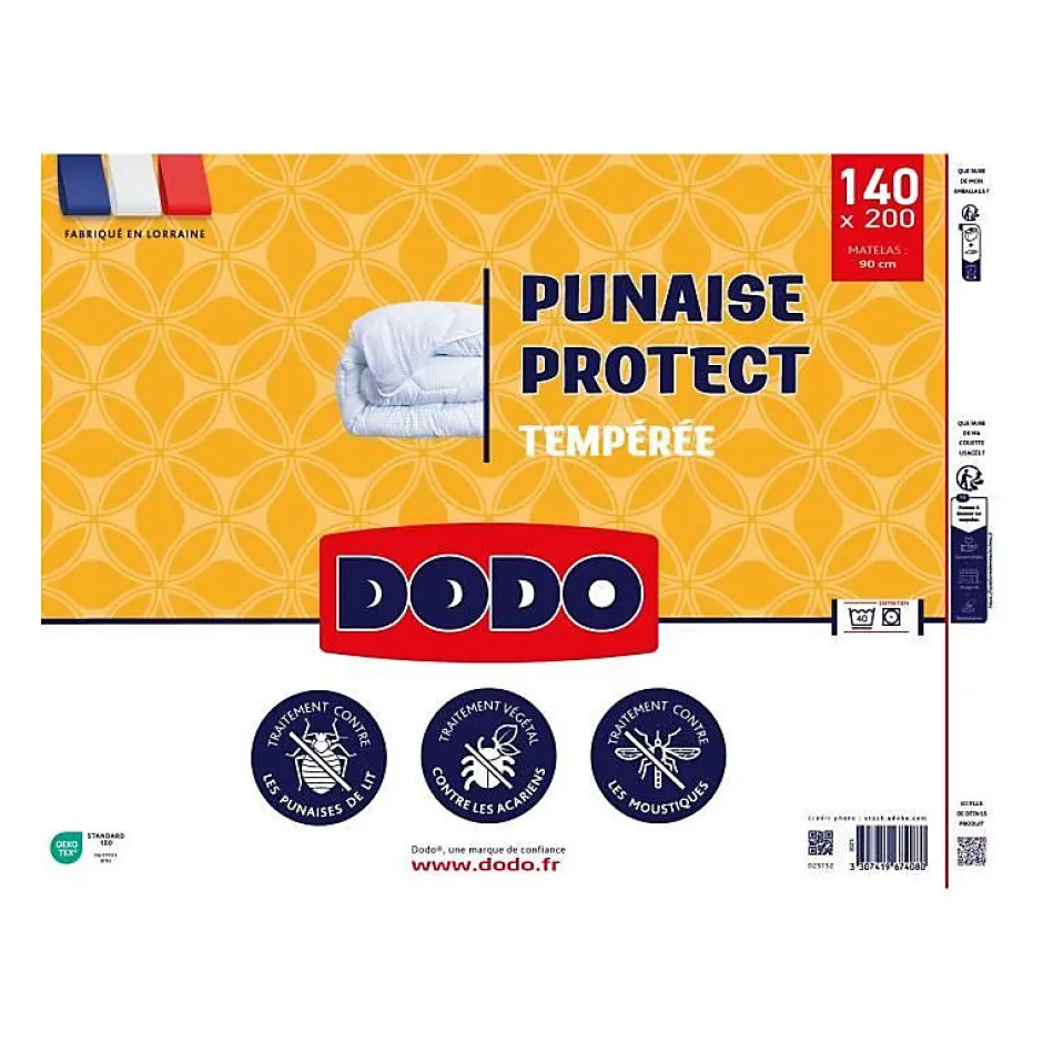 Dodo Couette tempérée 140x200 cm - 1 personne - Protection anti punaise, anti acarien - 300G/m² - Blanc - Fabriqué en France
