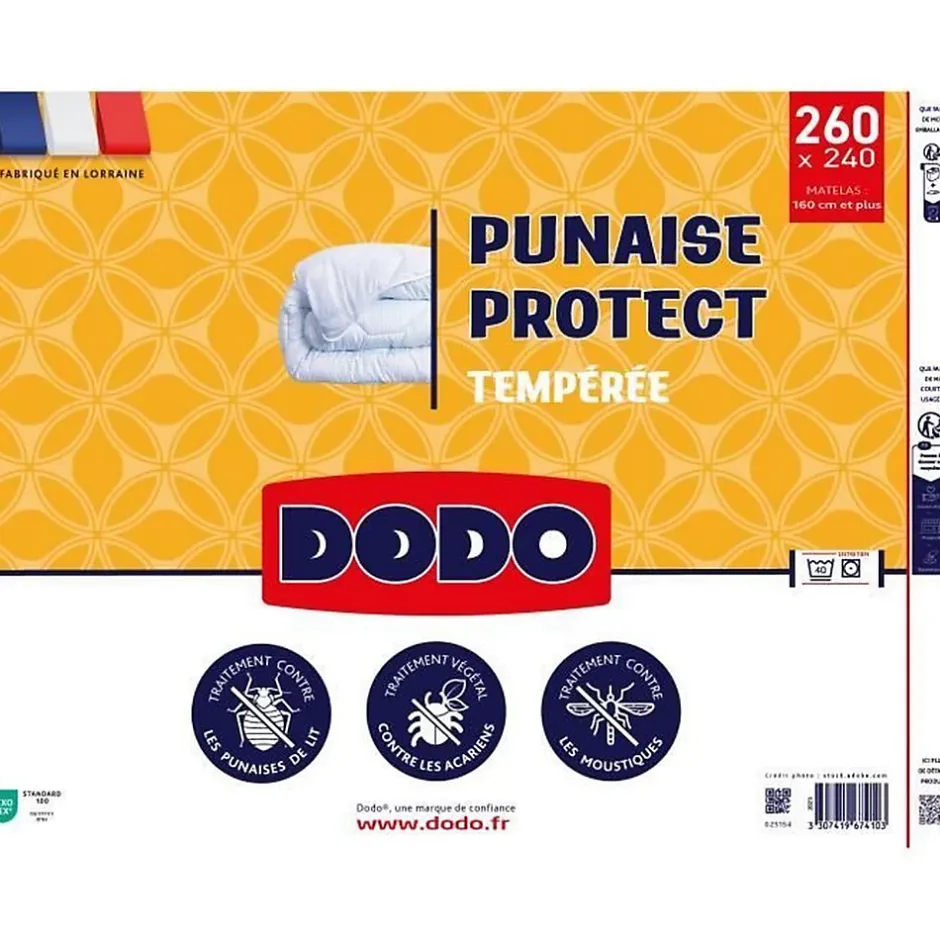 Dodo Couette tempérée 240x260 cm - 2 personnes - Protection anti punaise, anti acarien - 300G/m² - Blanc - Fabriqué en France