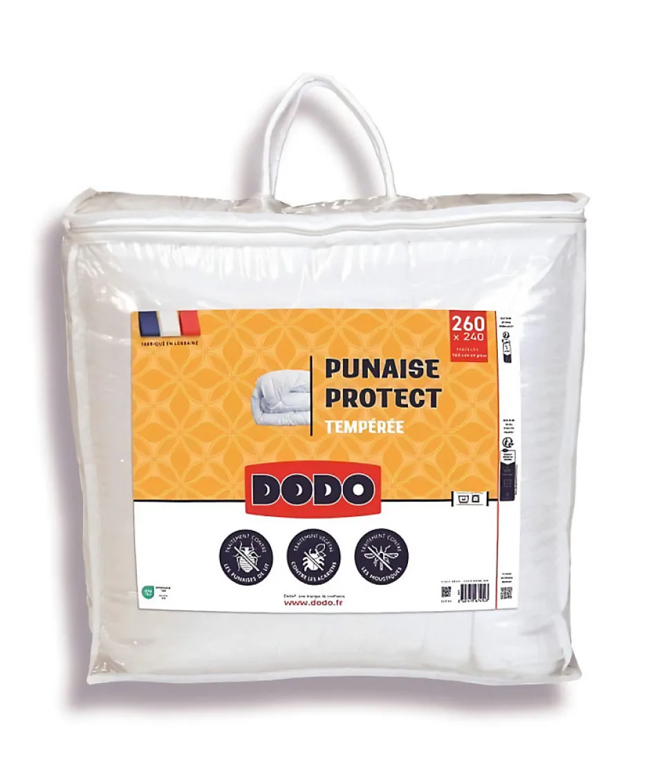 Dodo Couette tempérée 240x260 cm - 2 personnes - Protection anti punaise, anti acarien - 300G/m² - Blanc - Fabriqué en France