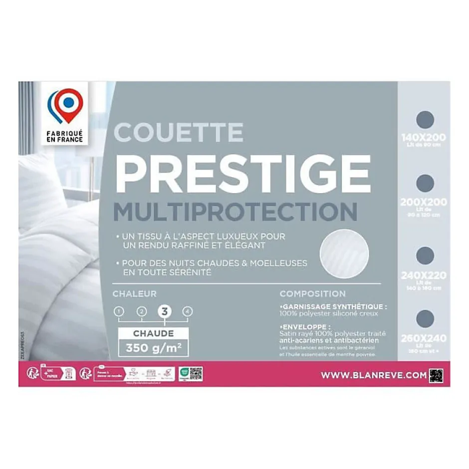 Blanreve Couette 240x260 cm PRESTIGE Multiprotection - 100% Polyester - 2 Personnes - Satin rayé New