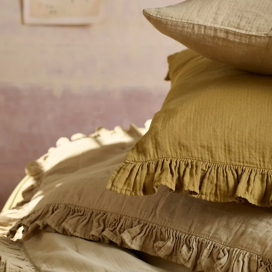 Linnea Couverture courtepointe en mousseline de coton 150x150 cm + 5 cm ELZA marron foin New