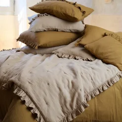 Linnea Couverture courtepointe en mousseline de coton 150x150 cm + 5 cm ELZA marron foin New