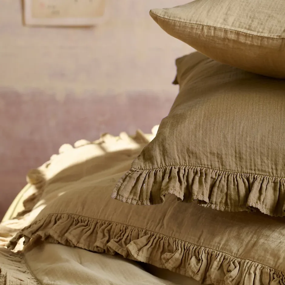 Linnea Couverture courtepointe en mousseline de coton 150x150 cm + 5 cm ELZA marron camel New