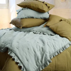 Linnea Couverture courtepointe en mousseline de coton 150x150 cm + 5 cm ELZA gris lichen