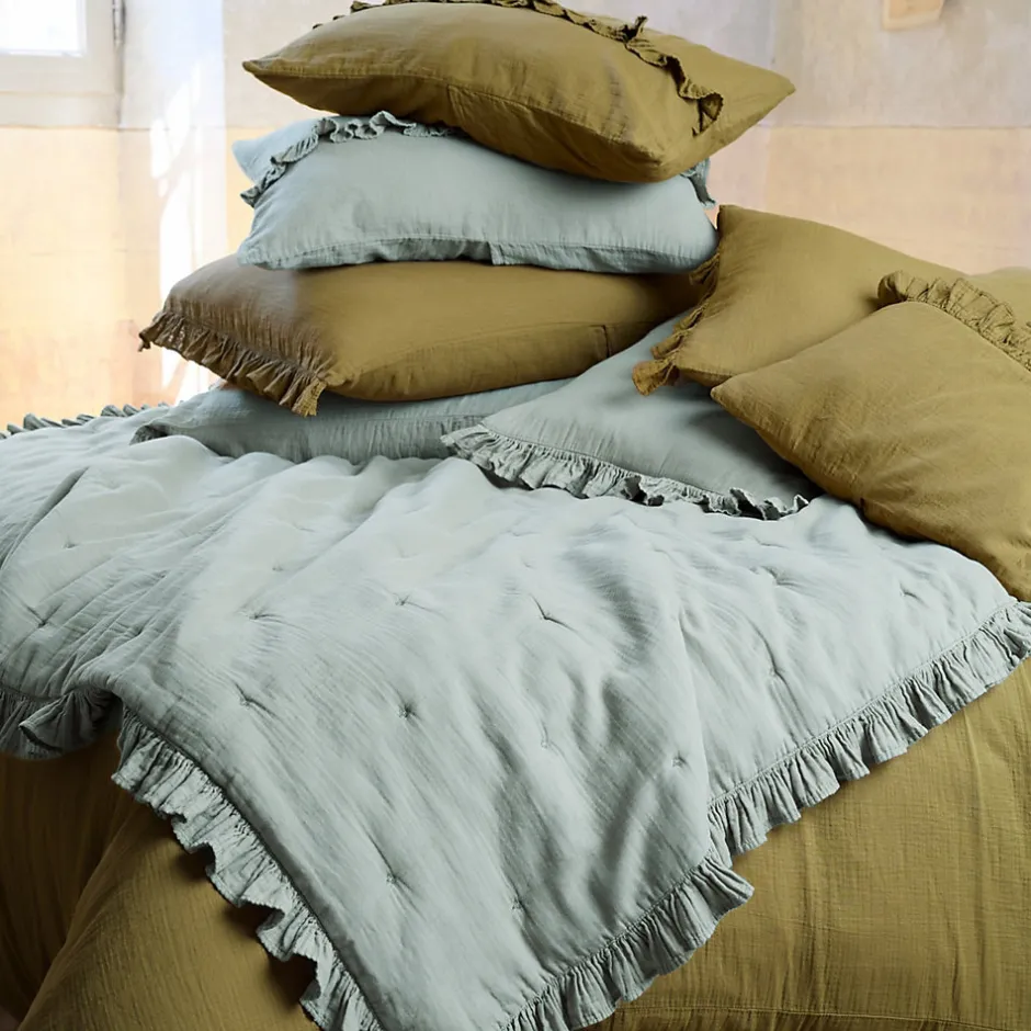 Linnea Couverture courtepointe en mousseline de coton 150x150 cm + 5 cm ELZA gris lichen