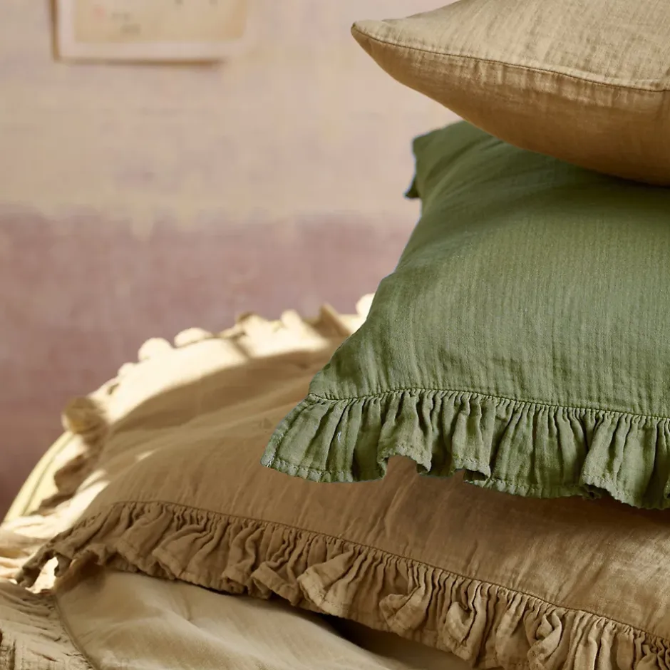 Linnea Couverture courtepointe en mousseline de coton 150x150 cm + 5 cm ELZA vert mousse New