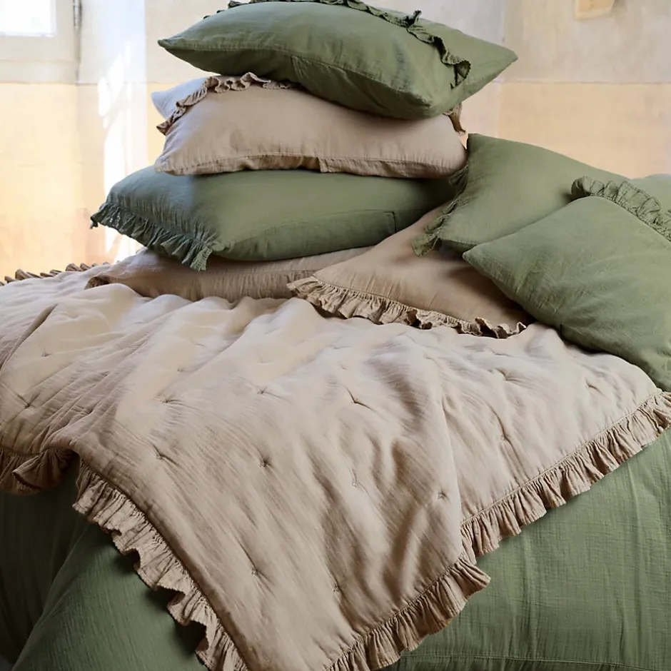 Linnea Couverture courtepointe en mousseline de coton 150x150 cm + 5 cm ELZA vert mousse New