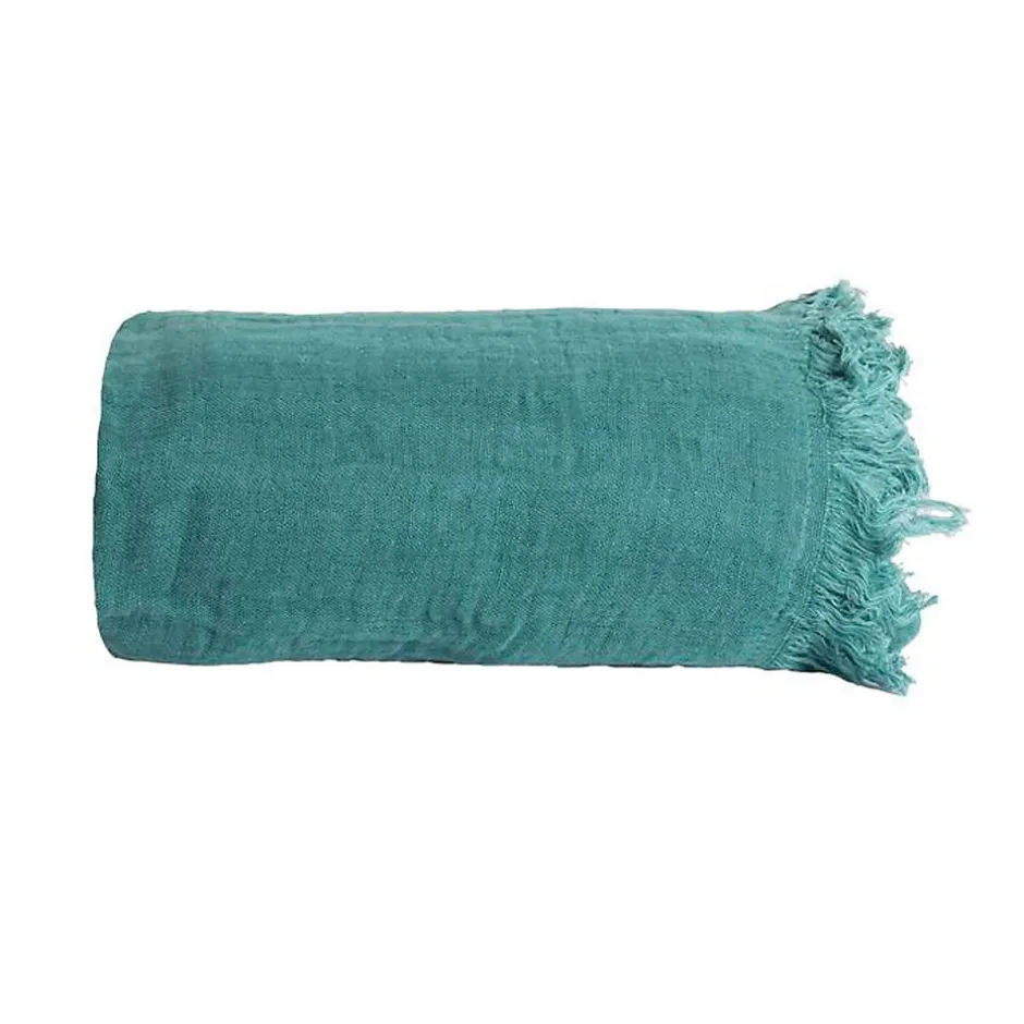 Sacasa Couverture plaid 100% coton bleu turquoise avec franges 130x170cm BITALD -