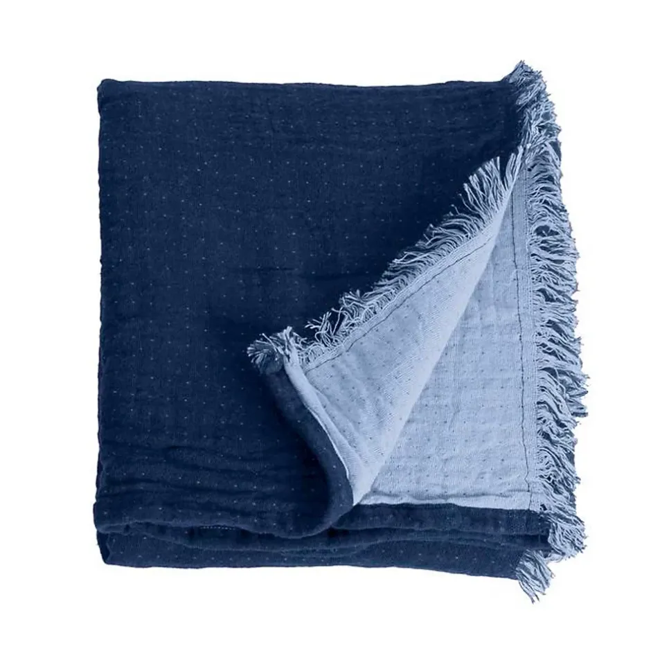 Sacasa Couverture plaid 100% coton bleu marine avec franges 130x170cm BITALD - Outlet