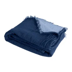 Sacasa Couverture plaid 100% coton bleu marine avec franges 130x170cm BITALD - Outlet