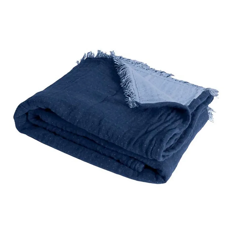 Sacasa Couverture plaid 100% coton bleu marine avec franges 130x170cm BITALD - Outlet
