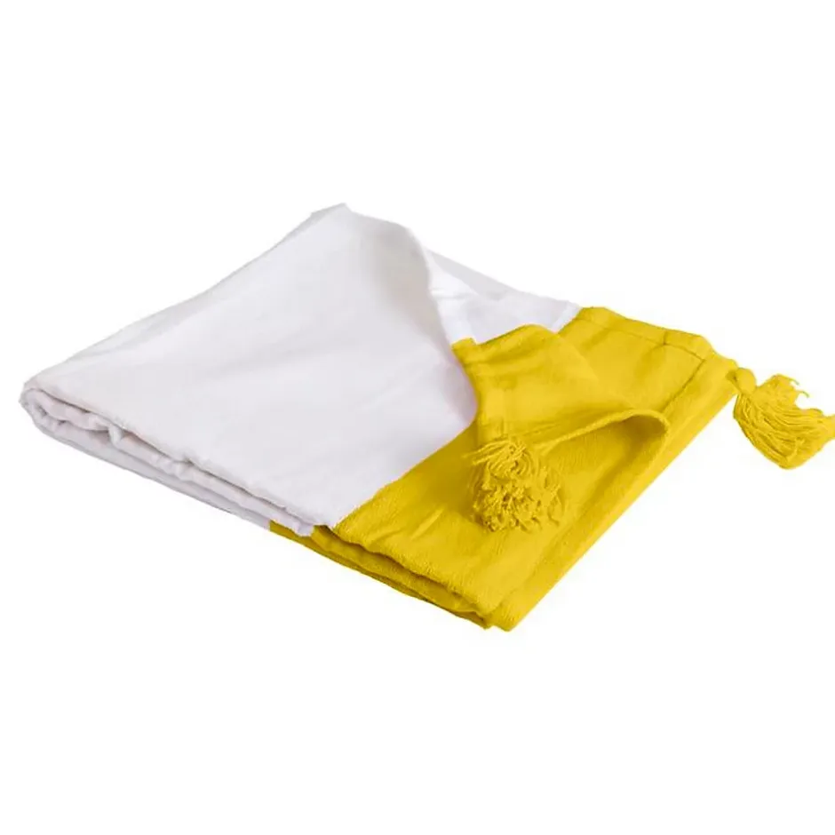 Sacasa Couverture plaid 100% coton jaune avec pompons 130x170cm SLAVANN - Clearance